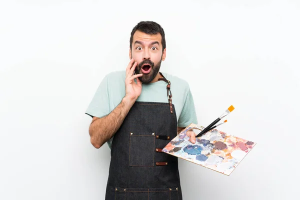 Jovem Artista Homem Segurando Uma Paleta Sobre Fundo Isolado Com — Fotografia de Stock