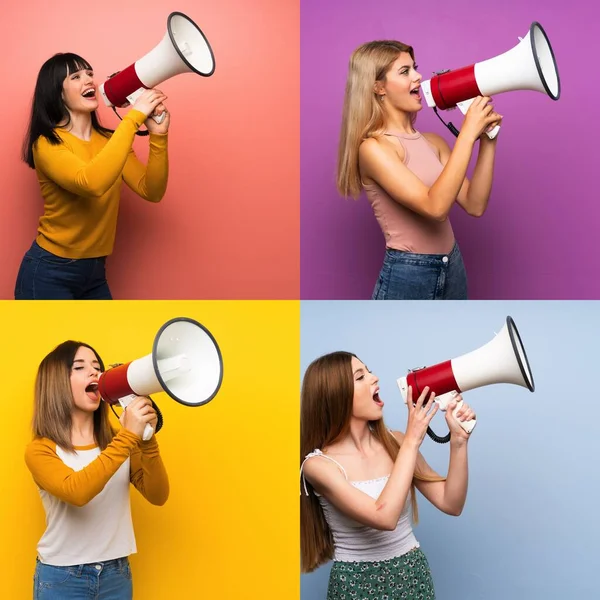 Set Donne Sfondi Colorati Isolati Urlando Attraverso Megafono — Foto Stock