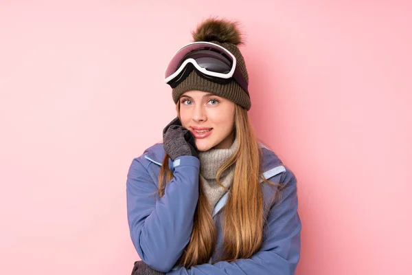 Skier Teenager Girl Snowboarding Glasses Isolated Pink Background Nervous Scared — Stock Photo, Image