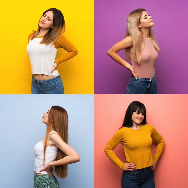 Set Donne Sfondi Colorati Isolati Che Soffrono Mal Schiena Aver — Foto Stock