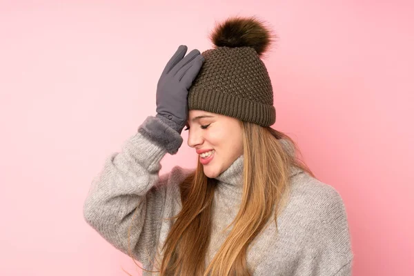 Young Teenager Girl Winter Hat Isolated Pink Background Having Doubts — Stock Photo, Image