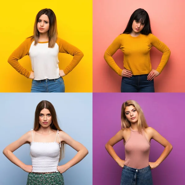 Conjunto Mujeres Sobre Fondos Coloridos Aislados Enojado —  Fotos de Stock