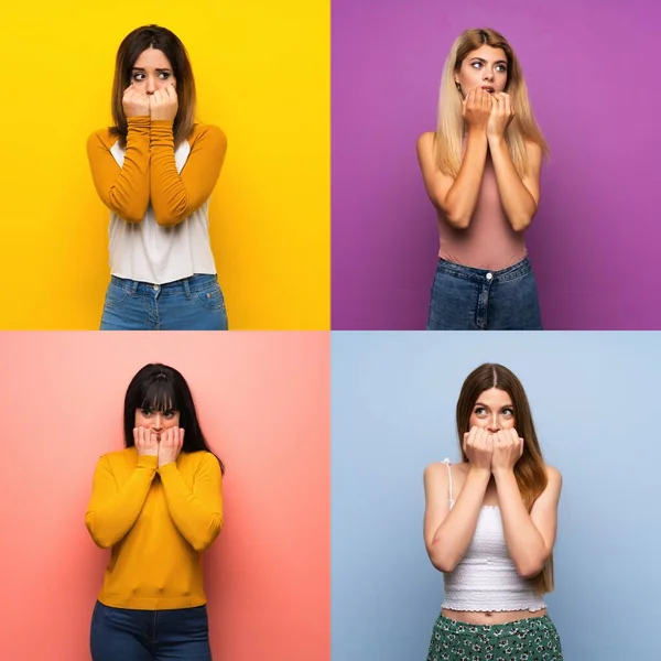 Set of women over isolated colorful backgrounds nervous and scared putting hands to mouth