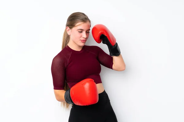 Sport Teenager Mädchen Über Isolierten Weißen Hintergrund Mit Boxhandschuhen — Stockfoto