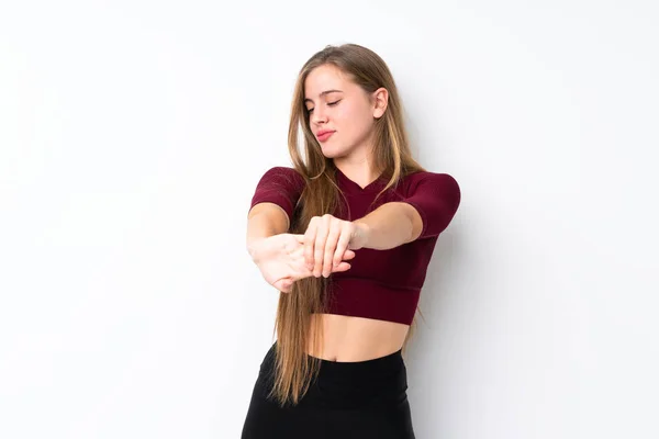 Sport Tiener Meisje Geïsoleerde Witte Achtergrond Stretching Arm — Stockfoto