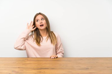 Masadaki genç kız bir şeyler dinliyor.