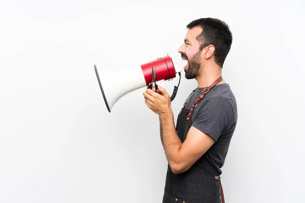 Barbier Man Een Schort Schreeuwend Door Een Megafoon — Stockfoto