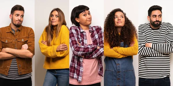 Conjunto Pessoas Fazendo Gestos Dúvidas Levantar Ombros — Fotografia de Stock