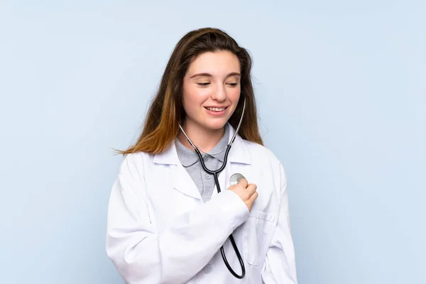 Young Brunette Girl Isolated Blue Background Doctor Gown — Stock Photo, Image