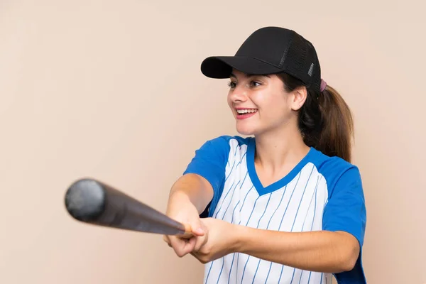 Chica Joven Jugando Béisbol Sobre Fondo Aislado — Foto de Stock