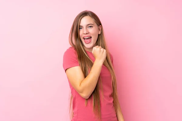 Teenager Blonde Girl Isolated Pink Background Celebrating Victory — Stock Photo, Image