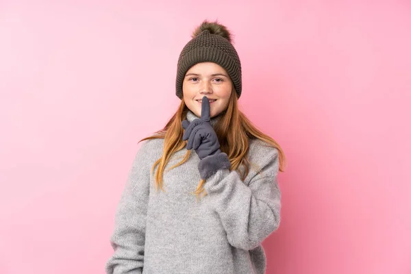 Ukrainian Teenager Girl Winter Hat Isolated Pink Background Doing Silence — Stock Photo, Image