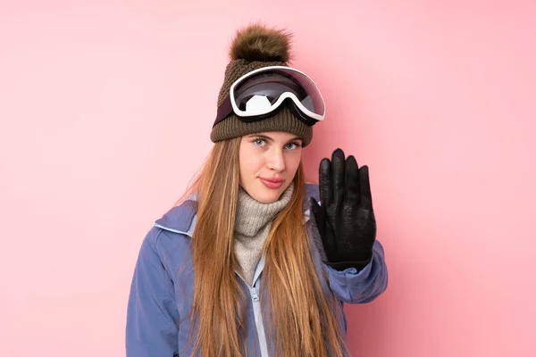 Skier Teenager Girl Snowboarding Glasses Isolated Pink Background Making Stop — Stock Photo, Image