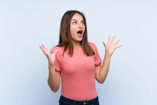 Young Brunette Girl Isolated Blue Background Surprise Facial Expression — Stock Photo, Image