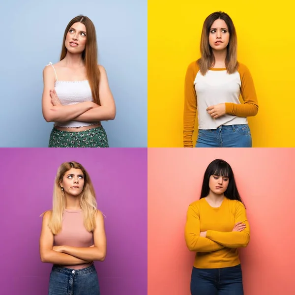Uppsättning Kvinnor Över Isolerade Färgglada Bakgrunder Med Förvirra Ansiktsuttryck — Stockfoto