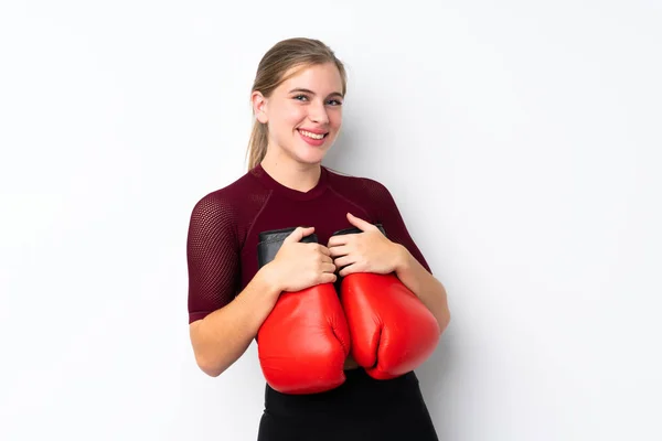 Sport Teenager Mädchen Über Isolierten Weißen Hintergrund Mit Boxhandschuhen — Stockfoto