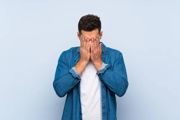 Handsome Man Isolated Blue Background Tired Sick Expression — Stock Photo, Image