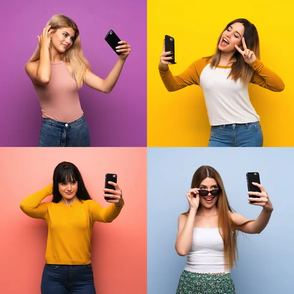 Rengarenk Geçmişleri Olan Bir Grup Kadın Selfie Çekiyor — Stok fotoğraf