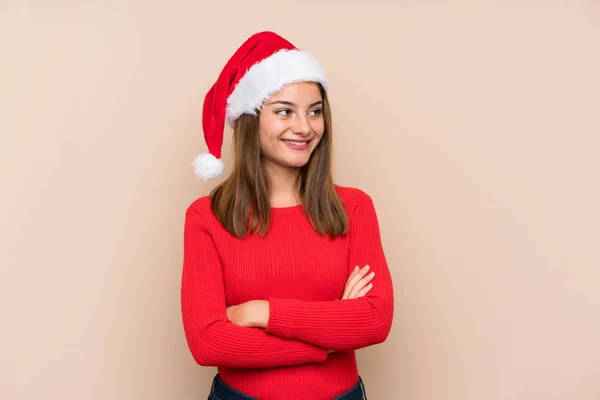 Jeune Fille Avec Chapeau Noël Sur Fond Isolé Regardant Vers — Photo