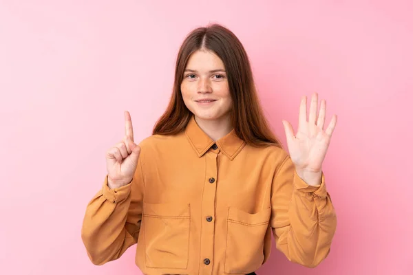 Ukrajinský Teenager Dívka Přes Izolované Růžové Pozadí Počítání Šest Prsty — Stock fotografie