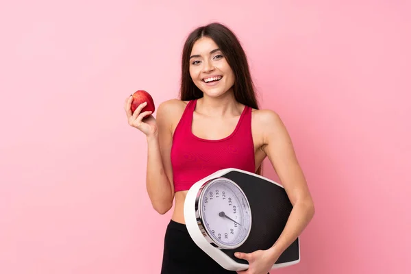 Pretty Young Girl Weighing Machine Isolated Pink Background Weighing Machine — Stock Photo, Image