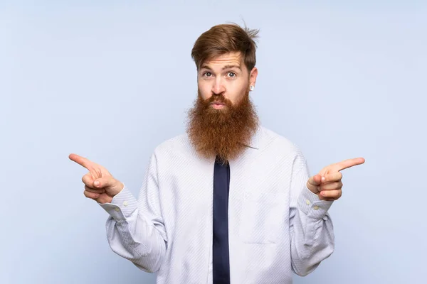 Empresario Con Barba Larga Sobre Fondo Aislado Apuntando Los Laterales —  Fotos de Stock