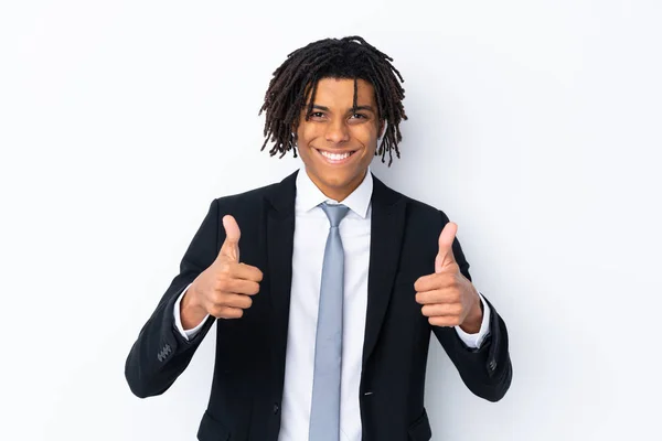 Jovem Homem Negócios Afro Americano Sobre Fundo Branco Isolado Dando — Fotografia de Stock