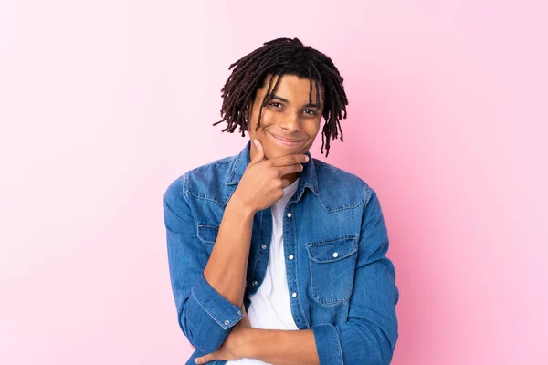 Young African American Man Jean Shirt Isolated Pink Background Laughing — 图库照片