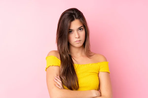 Teenager Brazilské Dívka Přes Izolované Růžové Pozadí Pocit Rozrušení — Stock fotografie