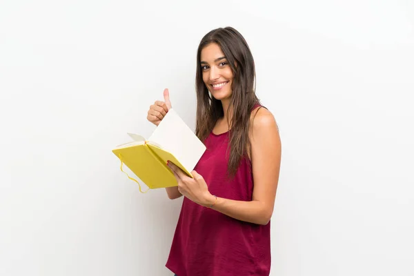 Giovane Donna Sfondo Bianco Isolato Possesso Lettura Libro — Foto Stock