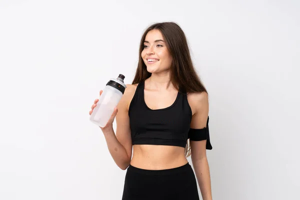 Mujer Deportiva Joven Sobre Fondo Blanco Aislado Con Botella Agua —  Fotos de Stock