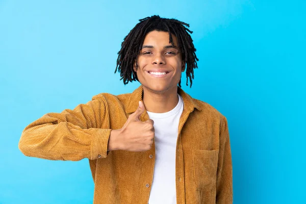 Young African American Man Corduroy Jacket Isolated Blue Background Giving — 스톡 사진