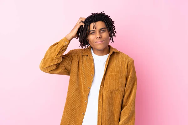 Young African American Man Corduroy Jacket Isolated Pink Background Expression — 图库照片