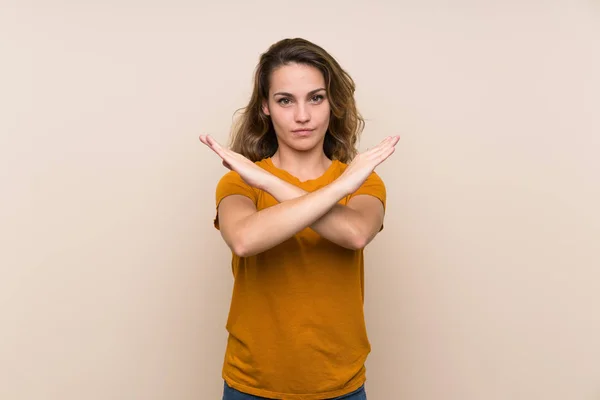 Jong Blond Meisje Geïsoleerde Achtergrond Maken Geen Gebaar — Stockfoto