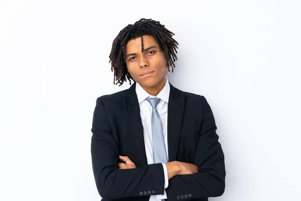 Jovem Homem Negócios Afro Americano Sobre Fundo Branco Isolado Mantendo — Fotografia de Stock
