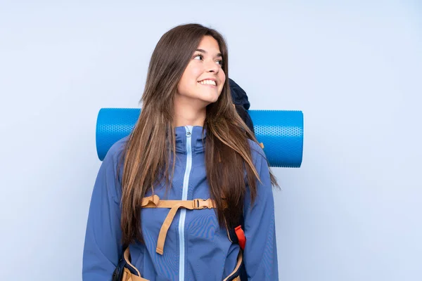 Teenager Hiker Girl Isolated Background Laughing Looking — Stock Photo, Image