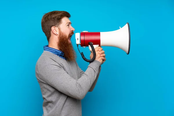 Roodharige Man Met Lange Baard Geïsoleerde Blauwe Achtergrond Schreeuwend Door — Stockfoto