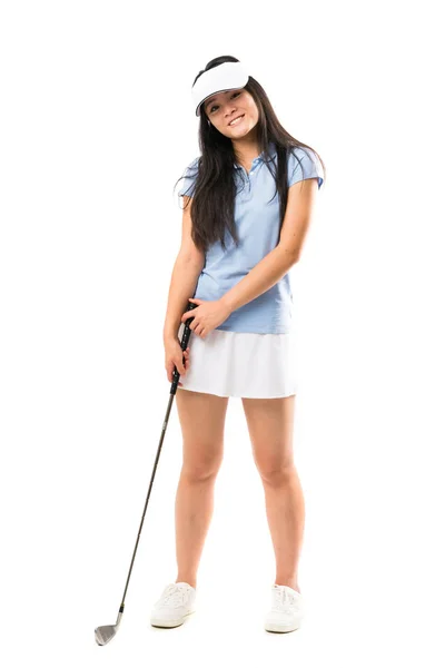 孤立した白い背景の上に若いアジアのゴルファーの女の子 — ストック写真