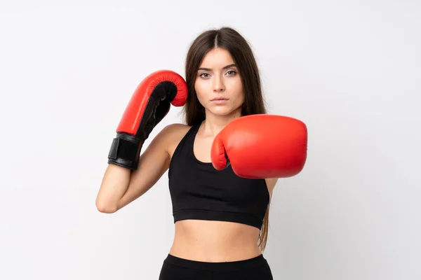 Jovem Mulher Esporte Sobre Isolado Fundo Branco Com Luvas Boxe — Fotografia de Stock