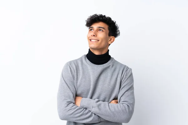 Young Argentinian Man Isolated White Background Looking While Smiling — 스톡 사진