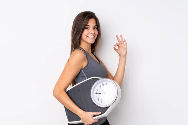 Teenager Brazilian Girl Holding Scale Isolated White Background Holding Weighing — Stock Photo, Image