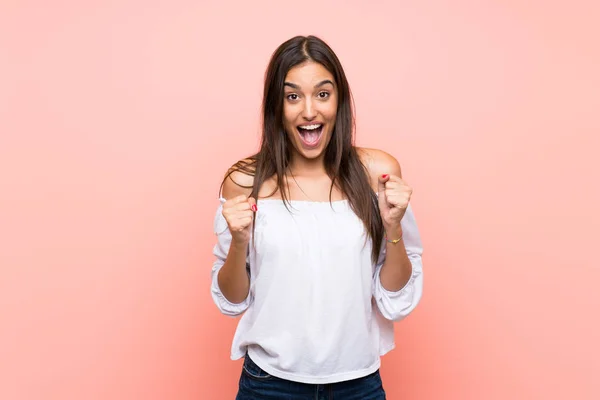 Young Woman Isolated Pink Background Celebrating Victory Winner Position — Stock Photo, Image