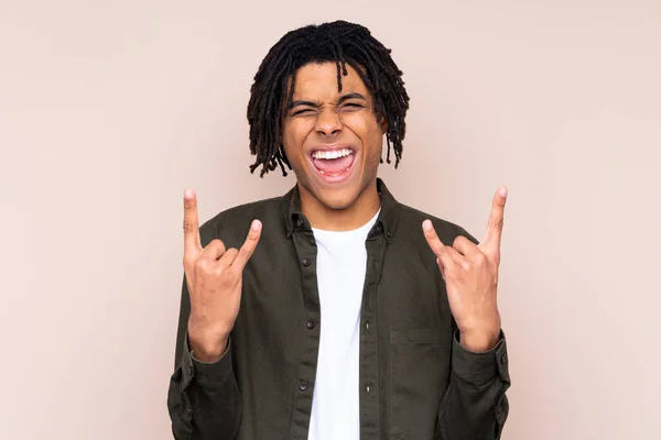 Young African American Man Isolated Background Making Rock Gesture — Stock Photo, Image