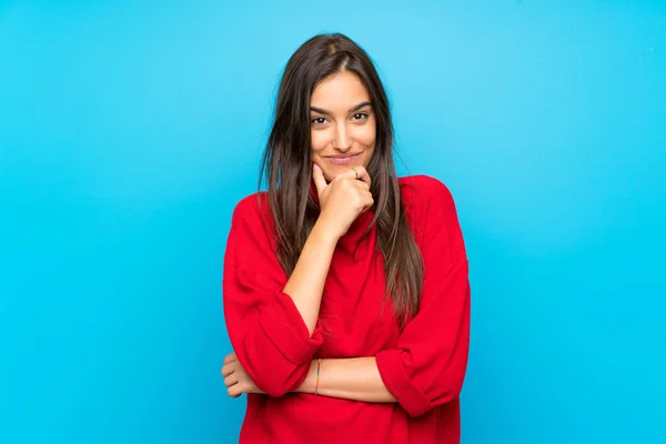 Young Woman Red Sweater Isolated Blue Background Laughing — Stock Photo, Image
