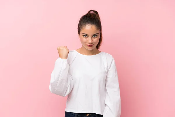 Young Brunette Girl Isolated Pink Background Angry Gesture — Stock Photo, Image