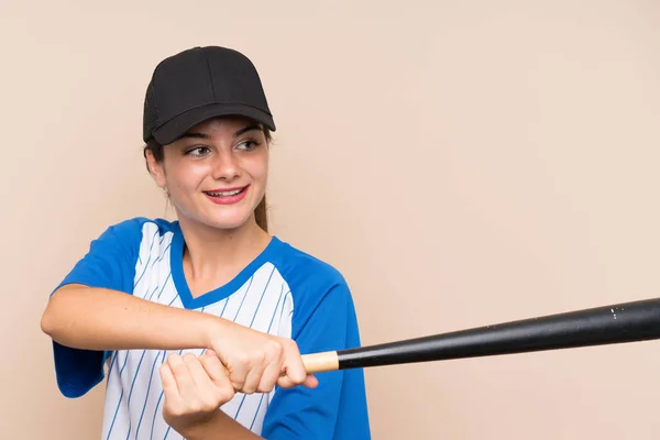 Chica Joven Jugando Béisbol Sobre Fondo Aislado — Foto de Stock