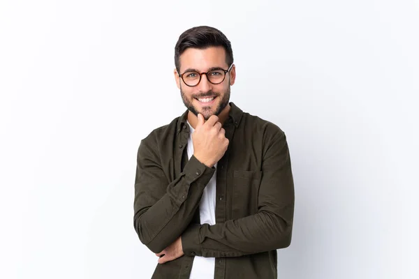 Young Handsome Man Beard Isolated White Background Glasses Smiling — Stock Photo, Image