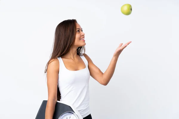 Young Brazilian Girl Holding Scale Isolated Background Weighing Machine Apple — Stock Photo, Image
