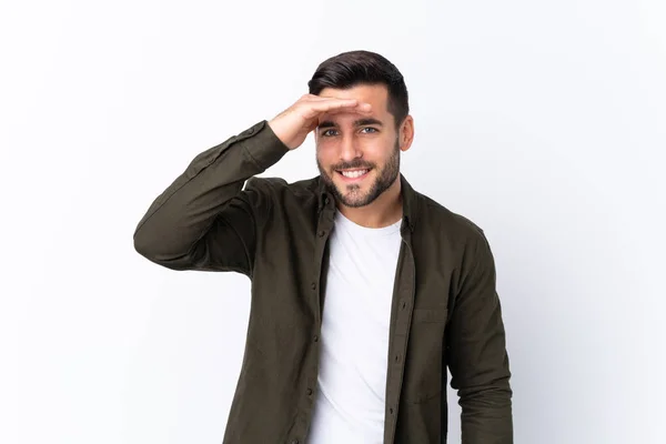 Young Handsome Man Beard Isolated White Background Looking Far Away — ストック写真