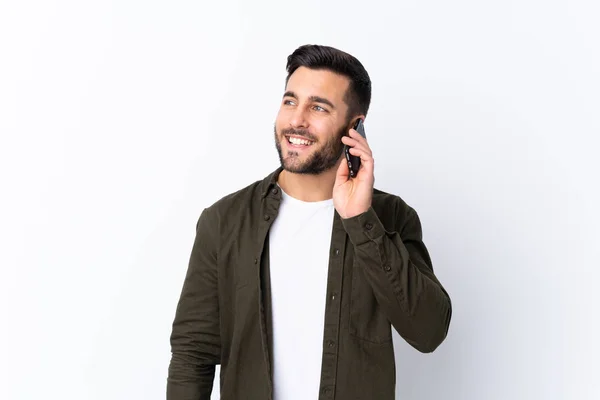 Jeune Homme Beau Avec Barbe Sur Fond Blanc Isolé Gardant — Photo